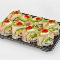 R10. Hot Mama Roll  · Crawfish ,asparagus, avocado, tempura flakes inside , topped with Yellowtail jalapeno and Ho...