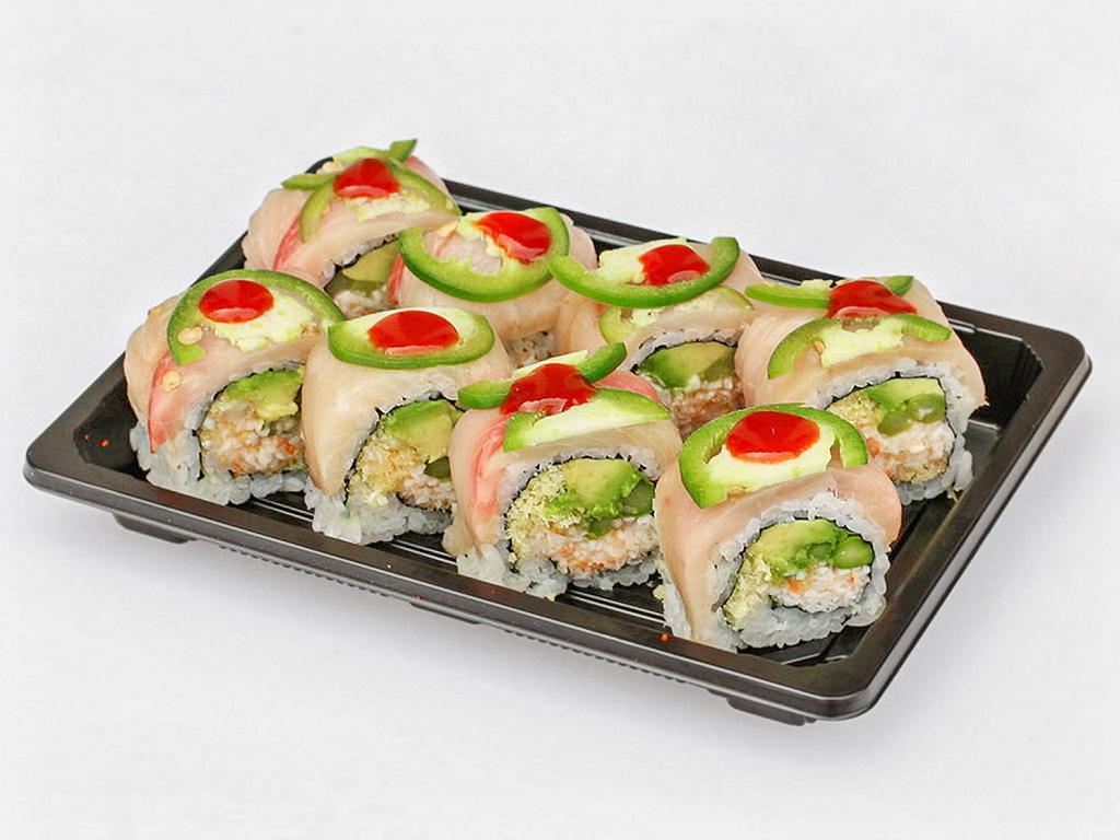 R10. Hot Mama Roll  · Crawfish ,asparagus, avocado, tempura flakes inside , topped with Yellowtail jalapeno and Hot pepper mayo sauce 