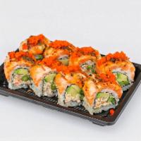 Super Texas Roll  · Spicy Crawfish Asparagus, Avocado inside , topped with seared salmon and spicy garlic mayo b...