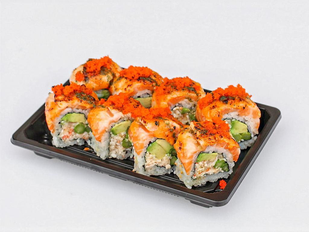 Super Texas Roll  · Spicy Crawfish Asparagus, Avocado inside , topped with seared salmon and spicy garlic mayo basil olive oil