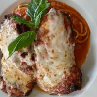 Chicken Parmesan w/ Spaghetti Pomodoro · Pounded & breaded chicken cutlet, lightly fried topped with tomato sauce & mozzarella served...