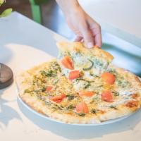 The Green (VEG) · House-made garlic cream, organic spinach dip and red pepper pesto; roasted tomatoes, mozzare...