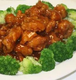General Tso's Chicken · Chicken lightly battered, with Tso’s sauces on broccoli.