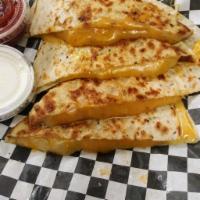 Cheese Quesadilla · Lots of gooey cheddar Jack cheese on a grilled tortilla with side of salsa & sour cream or r...