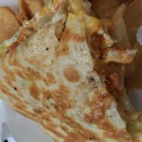 Chicken Philly Dilla  · Grilled, seasoned chicken , sauteed peppers, onions, mushrooms, bacon, and mozzarella cheese...