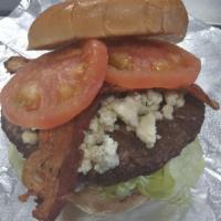 Bluesy Burger · 1/3 burger lb. patty, crumbly blue cheese, bacon, lettuce, tomato on a hard roll 