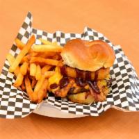 Western Burger · 1/3 pound beef patty, bbq & boss sauces,  cheddar Jack, bacon, caramelized onion, fried pick...