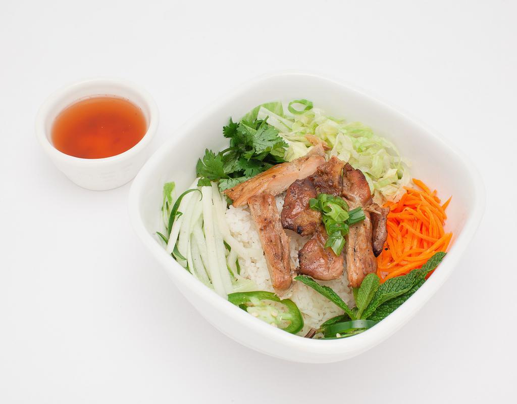 Grilled Chicken Rice Bowl · Grilled chicken white rice bowl, comes with lettuce, tomato, cucumber, cilantro, jalapeno, and pickle carrot&radish, serve with fish or peanut sauce.