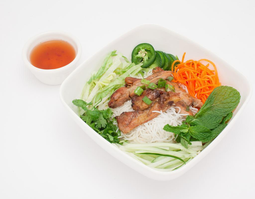 Grilled Chicken Vermicelli Bowl · Grilled chicken on vermicelli bowl, comes with lettuce, beansprout, cucumber, cilantro, jalapeno, and pickle carrot&radish, serve with fish or peanut sauce.