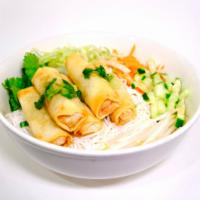 Crispy Air-Fried Rolls Vermicelli Bowl · Air-fried rolls on vermicelli bowl, comes with lettuce, beansprout, cucumber, cilantro, jala...