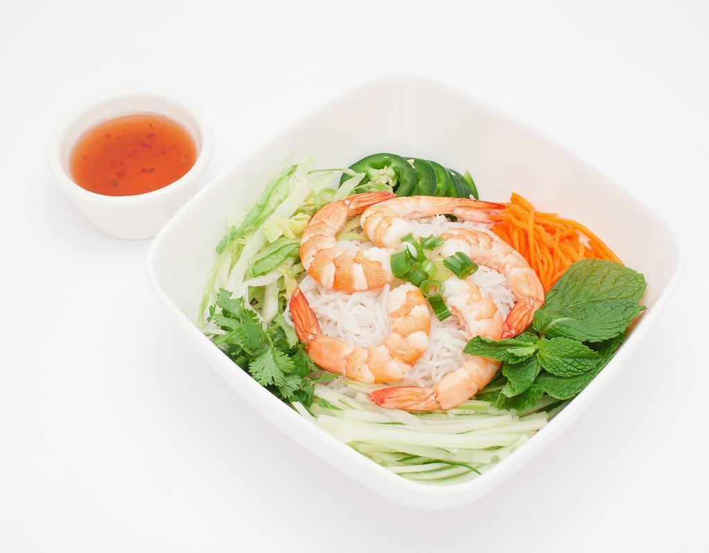 Shrimps Vermicelli Bowl · Shrimps with hoisin sauce on vermicelli bowl, comes with lettuce, beansprout, cucumber, cilantro, jalapeno, and pickle carrot&radish, serve with fish or peanut sauce.