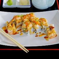 House Roll · Inside: shrimp tempura and avocado. Outside: spicy crab and shrimp.