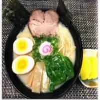 Donkotsu Ramen · Pork and chicken soup base, chashu meat, bean sprouts, egg, menma, seaweed and green onion.