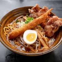 16. Mame Miso Kara-Age Ramen · Mame miso, pork and chicken based soup. Topped with 3 pieces kara-age as fried chicken, grou...
