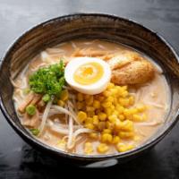 V1. Kome Miso Ramen · Standard rich flavor miso base soup. Topped with bean sprouts, cabbage, scallion, corn, frie...