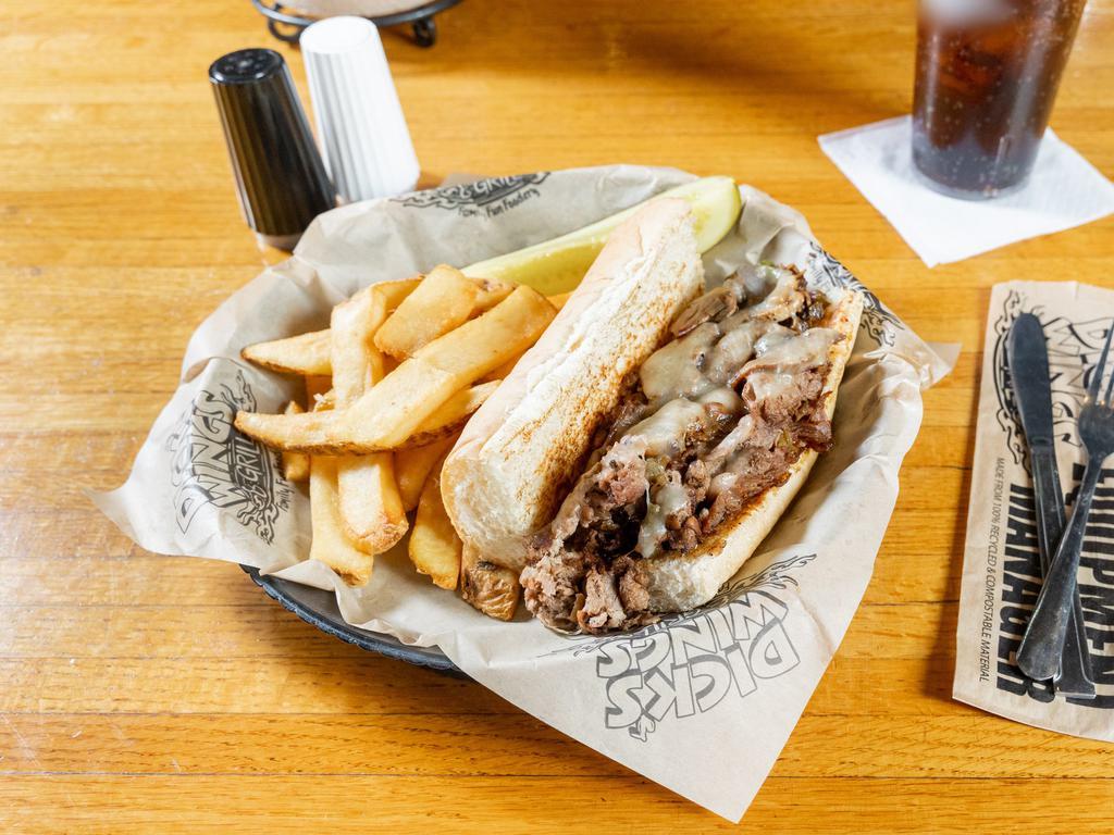 Philly Sandwich · Fan favorite. Melt-in-your-mouth Philly steak or chicken smothered with grilled peppers, onions and mushrooms. Covered with melted provolone cheese on a freshly-toasted hoagie roll.
