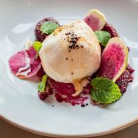 Burrata · Balsamic-poached Figs, Roasted Beets, Upland Cress , Pickled Celery Root, Rusk