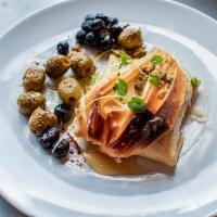 Baked Feta in Phyllo · Pistachio, Sesame, Roasted Grapes & Olives, Greek Honey