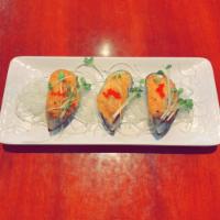 A1. Grilled Mussels · 3 pieces. Grilled mussels with spicy mayo and tobiko on top.