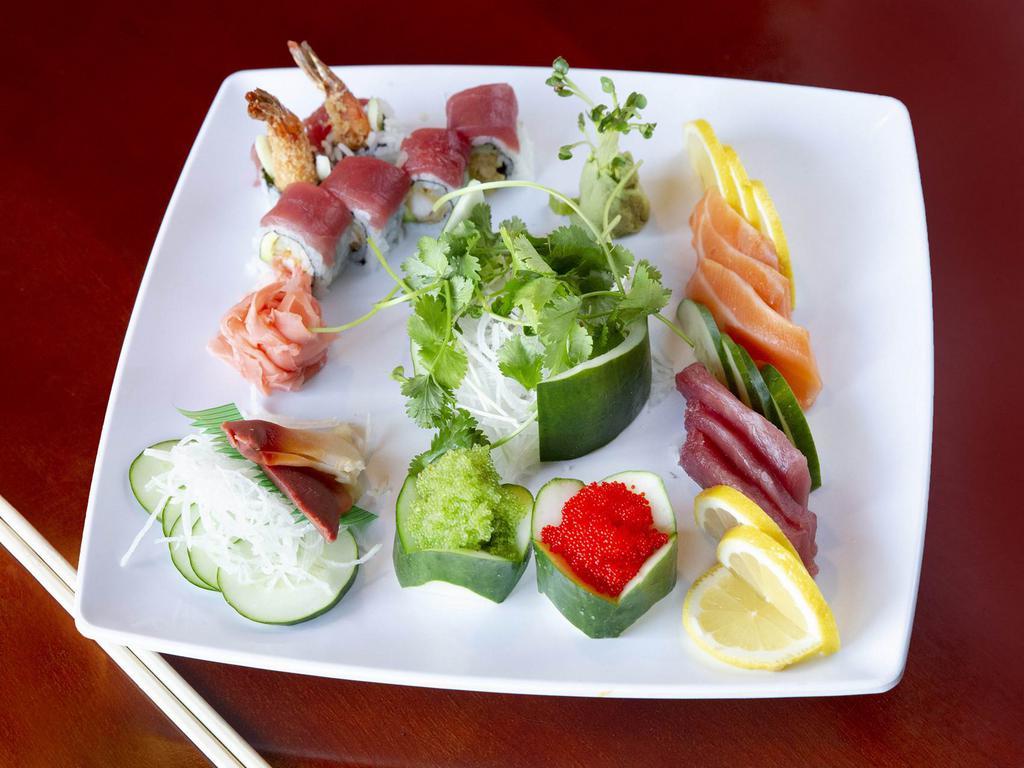  Sashimi Dinner Tray · 15 pieces sashimi with a California roll 
(You can also choose what type of fish you like)