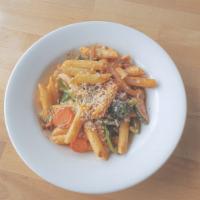 Pasta Primavera · Roasted carrots, broccoli, zucchini, red onions, green peppers tossed with penne pasta in pi...