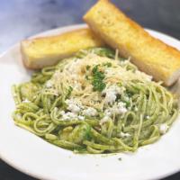 Pesto Linguini · Fresh linguine in butter, garlic and pesto sauce, topped with feta, Parmesan and pine nuts. ...