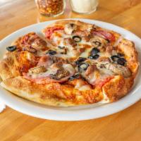 Romio's Special Pizza · Pepperoni, Canadian bacon, mushrooms, black olives and sausage.