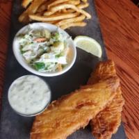 Fish & Chips · Two beer-battered cod fillets fried to a golden brown and served with tarter sauce, fries, a...