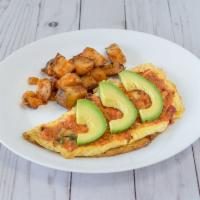 The MexiCali Omelette · Filled with melty cheese, avocado, jalapenos, bell peppers, and onions. Topped with salsa
