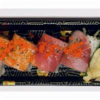Rainbow Roll · Tuna, salmon, white fish, and roe.
