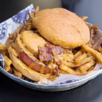 Thunder Burger · Smoked bologna, beef patty, cheddar cheese, grilled onions, chopped bacon and thunder sauce ...