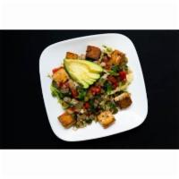 Tofu Scramble · Tofu, broccoli, green onions, pepper, tomato, spinach, cabbage, mushrooms and avocado.
