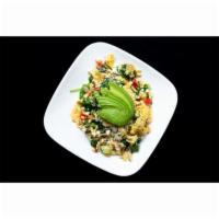 Veggie Scramble · Scramble of eggs, feta cheese, broccoli, green onions, pepper, tomato, spinach, mushrooms an...