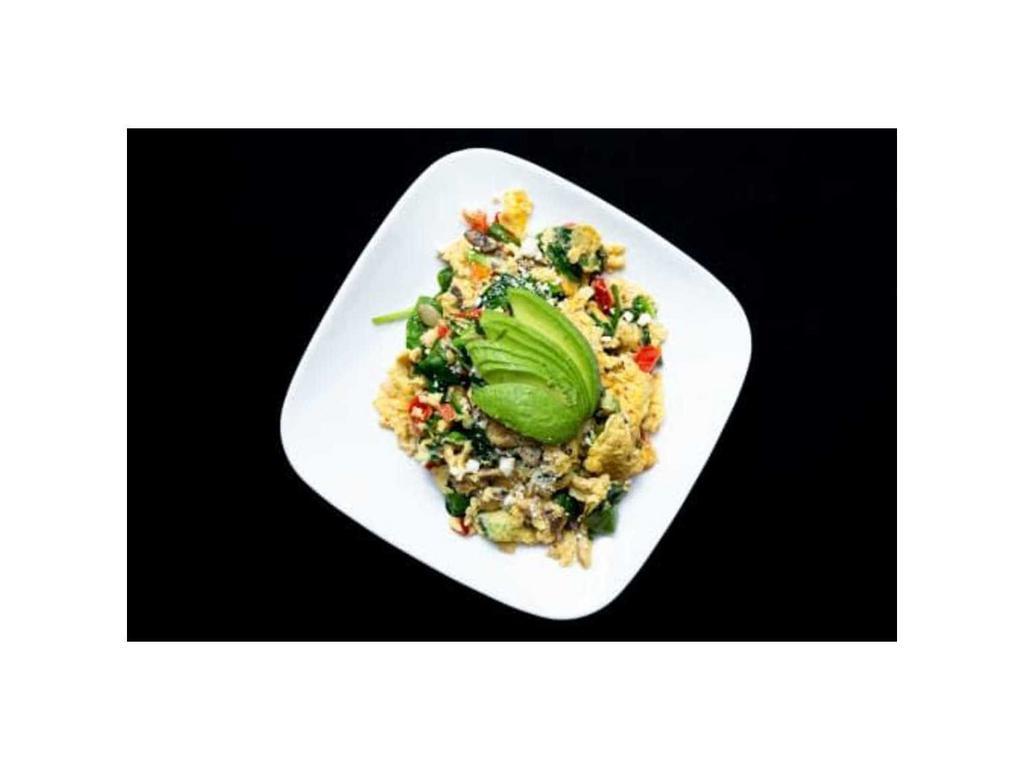 Veggie Scramble · Scramble of eggs, feta cheese, broccoli, green onions, pepper, tomato, spinach, mushrooms and avocado.
