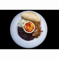 Yucatan Style Slow Roasted Pork Bowl · Rice, black beans, pineapple mango salsa, and tortillas.
