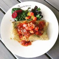 Fiesta Crepe · Guacamole, grilled chicken and tomatoes, provolone cheese with medium spicy salsa sauce. Ser...