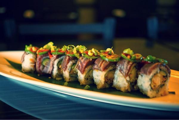 Cooked Steak and Shrimp Creation Roll · Shrimp tempura, cucumber, topped with seared rib-eye, green onion, jalapenos and spicy ponzu sauce. 