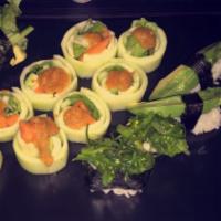 Vegetarian Combo · Green garden roll, vegetable hand roll and 4 pieces of vegetable sushi.