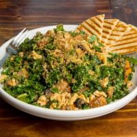 Kale and Quinoa Salad · Butternut squash, portobello, roasted cherry tomatoes, vegan Parmesan and walnut. Vegan.