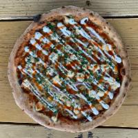 Buffalo BBQ Fusion Pizza · BBQ base with grilled chicken, red onions, ranch drizzle, buffalo swirl, fresh cilantro, and...