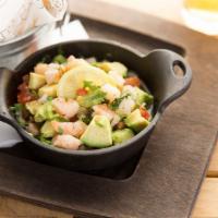 Ceviche · Shrimp, tomatoes, onions, cucumber, cilantro & Serrano chilies, topped with fresh avocado in...