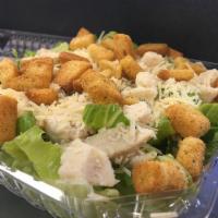 Chicken Caesar Salad · Diced chicken breast, croutons, Parmesan cheese on romaine lettuce.