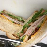 1. Californian Sandwich · Turkey, bacon, avocado, cheddar, mayonnaise, lettuce and tomato on wheat.