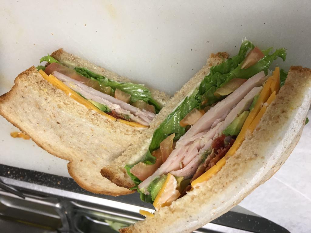 1. Californian Sandwich · Turkey, bacon, avocado, cheddar, mayonnaise, lettuce and tomato on wheat.