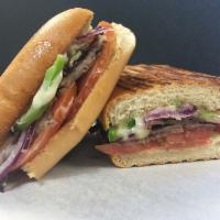 California Roast Beef Sandwich · Roast beef, melted Jack cheese, mayo, mustard, tomato, green bell pepper and onions on a Fre...