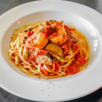 Linguini di Savoia · Asparagus, zuchini, shrimp in a light tomato sauce.