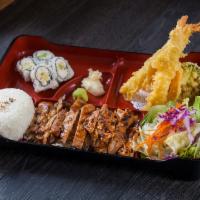 Chicken Teriyaki Bento · Served with daily special salad, 4 pieces of California roll, steamed rice, mixed tempura, a...