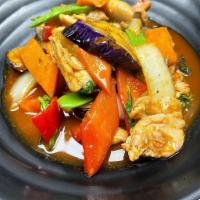 EGGPLANT BASIL · Saute with garlic, bell peppers, carrots, onions and eggplant in a spicy sauce. Recommended ...
