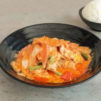 RED CURRY · Onions, bell peppers, basil, carrots and green beans in a coconut broth. Recommended medium ...