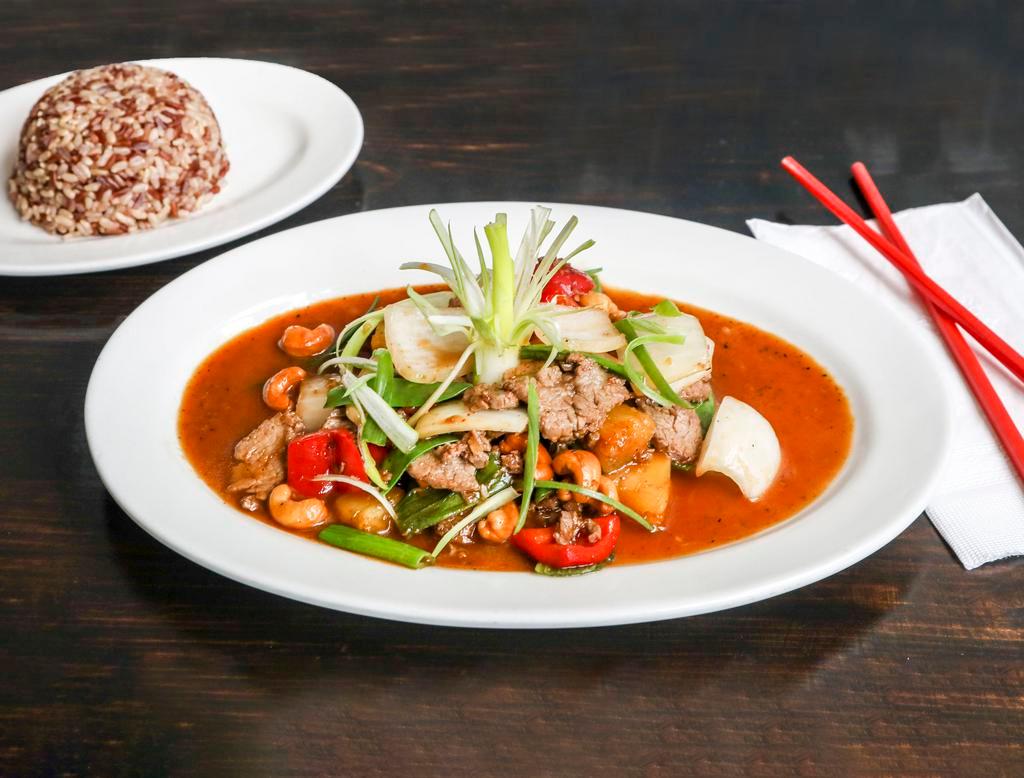 Cashew Nut Sauce · Stir-fried with cashew nuts, pineapple, bell pepper, onion, scallion, snow peas and sweet chili paste, the subtle flavor of the sweet and sour taste is achieved through homemade sauce and pineapple. Contains peanut.